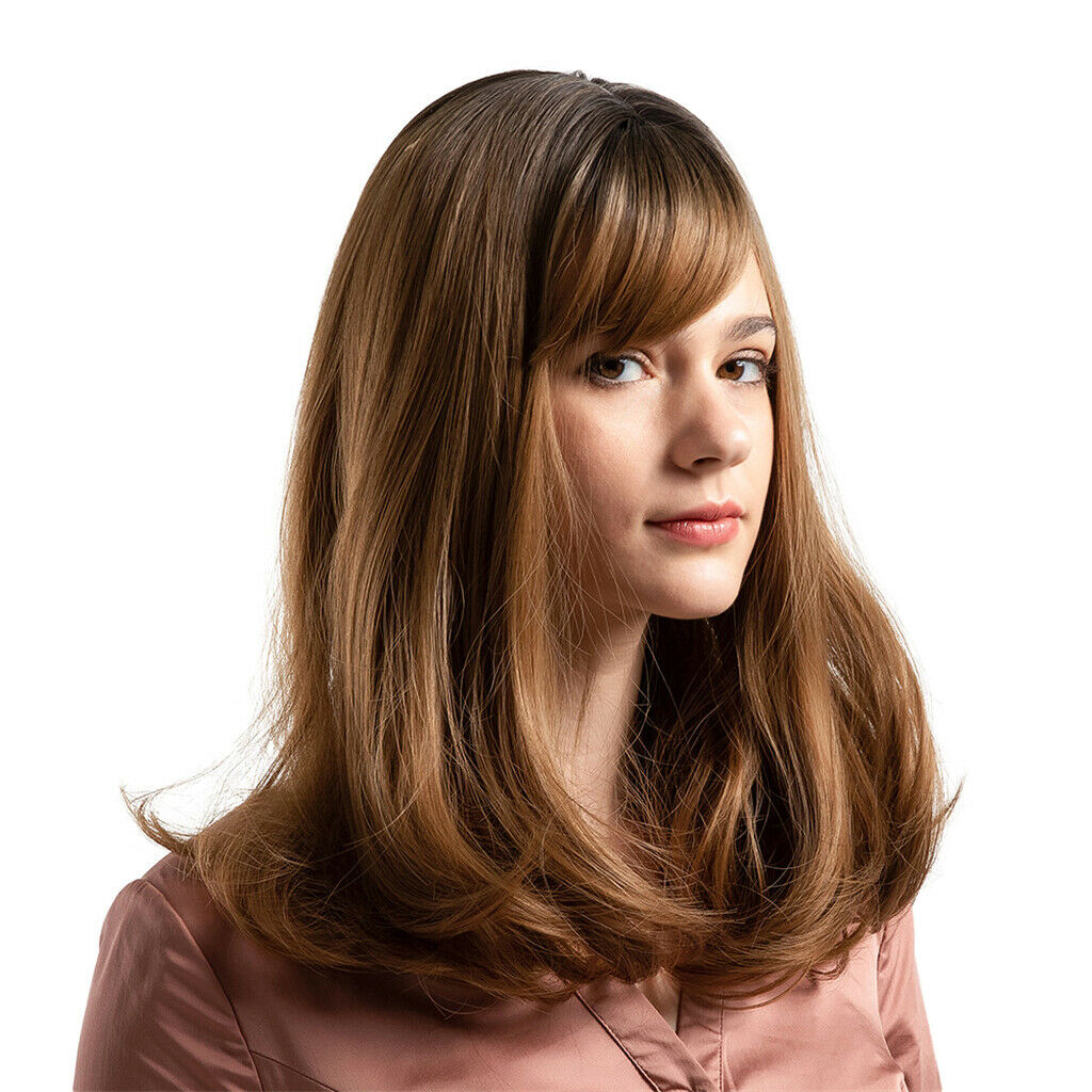 Women's Brown Long Straight Curly Wig 16 Inches Synthetic Middle Part Wigs For