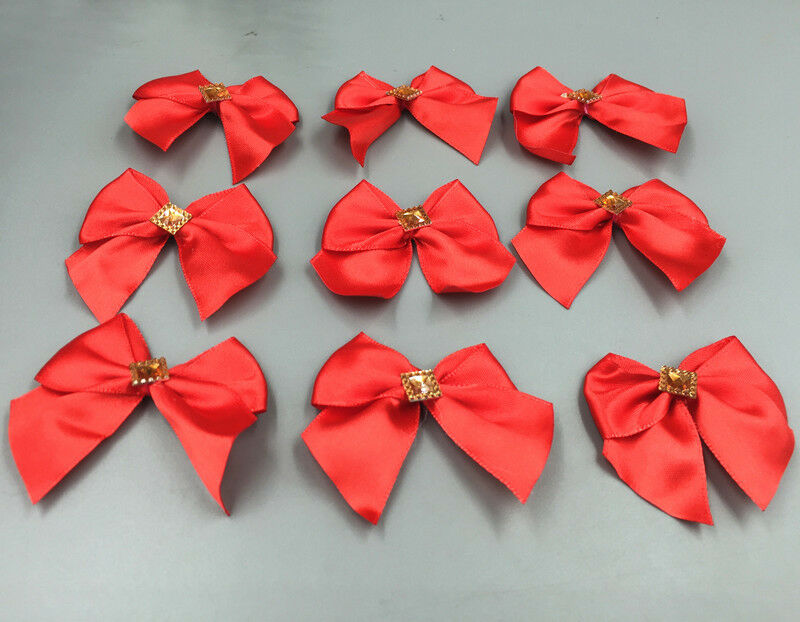 30pc Red Satin Ribbon Rhinestone Flowers Bows Gift Craft Wedding Decoration 50mm