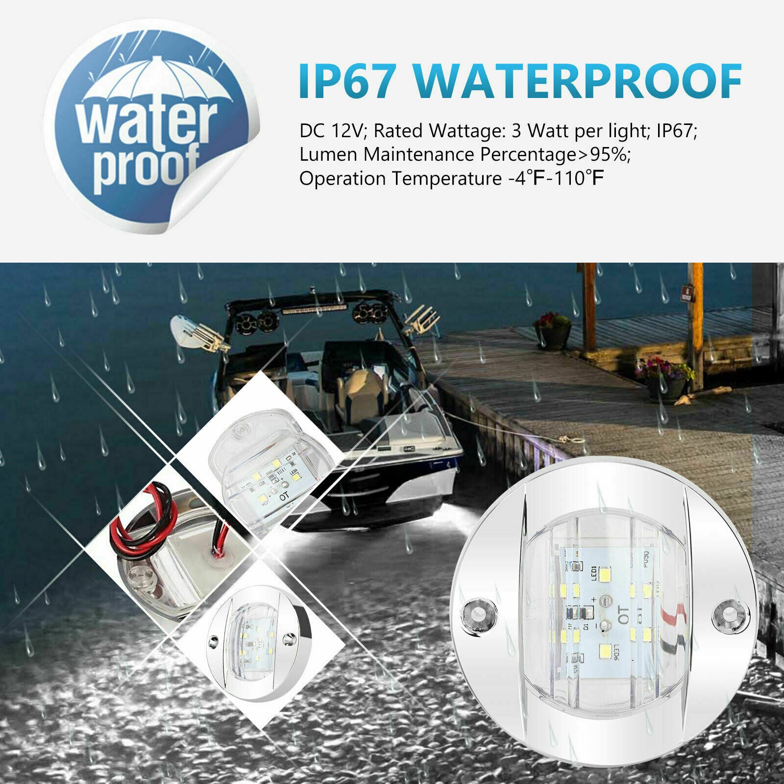 4X White Round Marine Boat LED Stern Lights Cabin Deck Courtesy Light Waterproof
