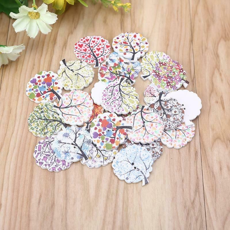 25 Pcs Painted Tree Cartoon Wooden Sewing Buttons Bulk Assorted Cute Pattern
