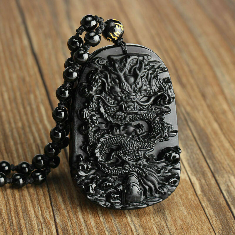 Lucky Dragon Blessing Pendant Beads Black Obsidian Hand Carved Necklace Natural