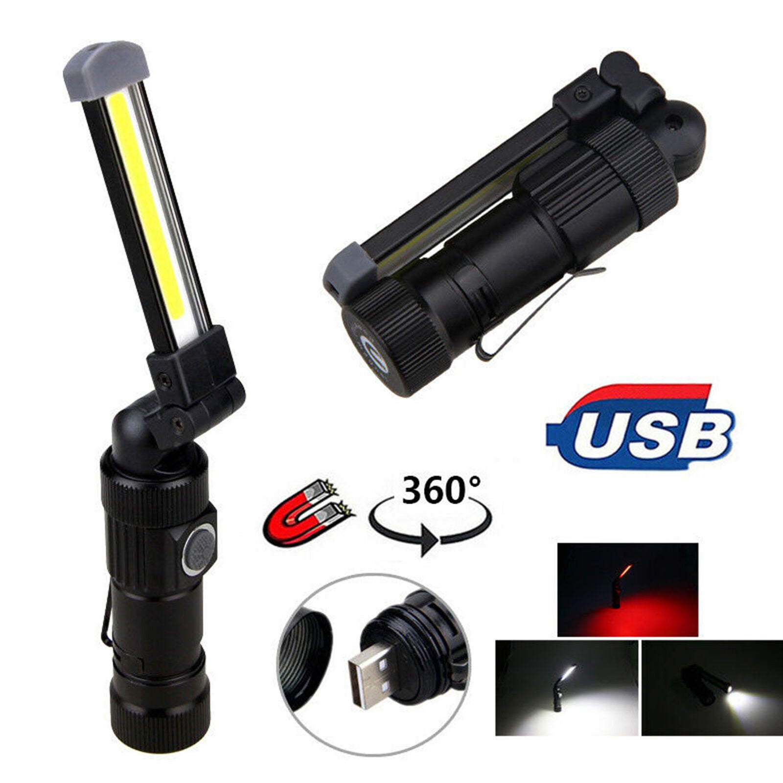 USB Rechargeable Magnetic COB LED Work Light Flashlight Red Warning light 5 Mode