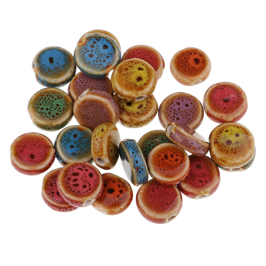 30PCS 14mm Flat Round Ceramic Porcelain Beads Charms Jewelry Making Material,