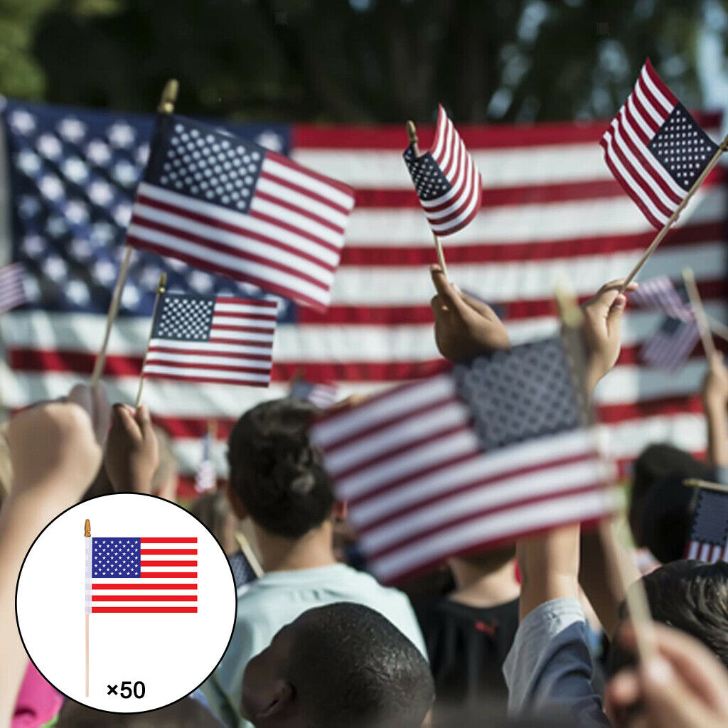 50Pc Small American Flags on Stick 4x6 Inch Mini US Flags