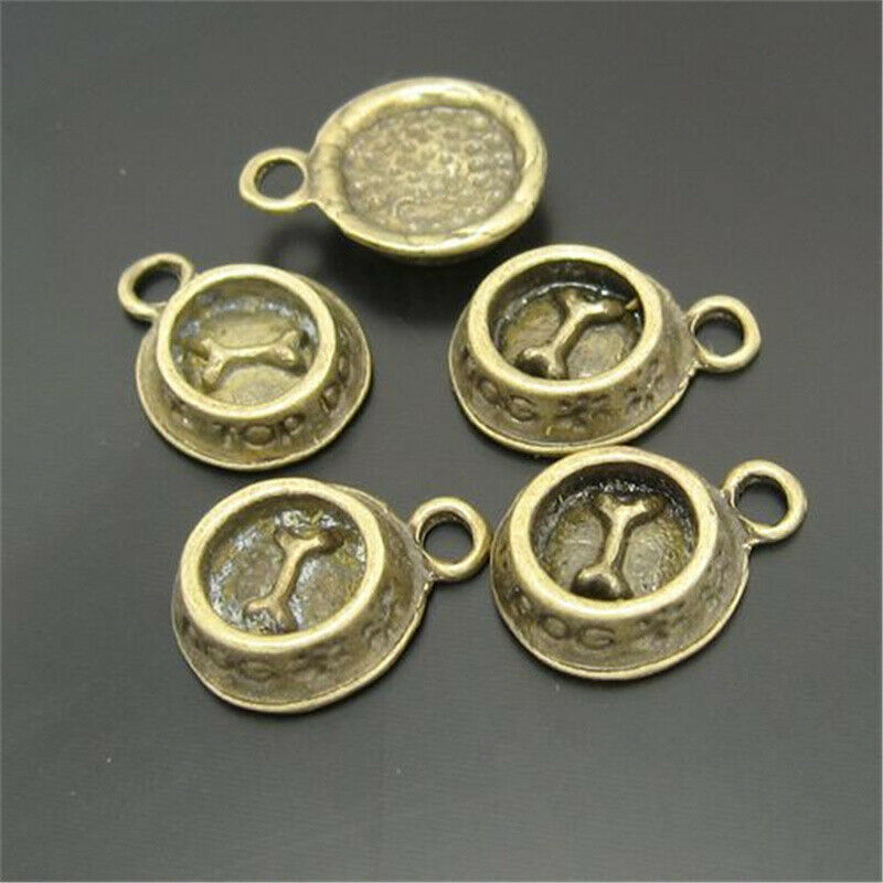 50 pcs Antiuqed Bronze Feeding Bowl Alloy Charm Dog Bone Pendant DIY 11x11x3mm