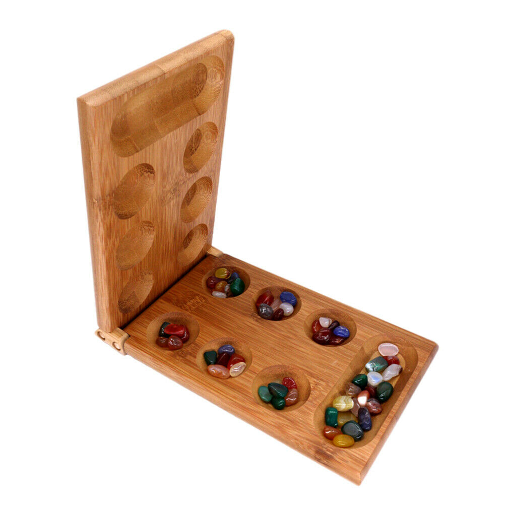 Portable Mancala Board Game for Kids Stones Wood Folding Board Easy to Carry