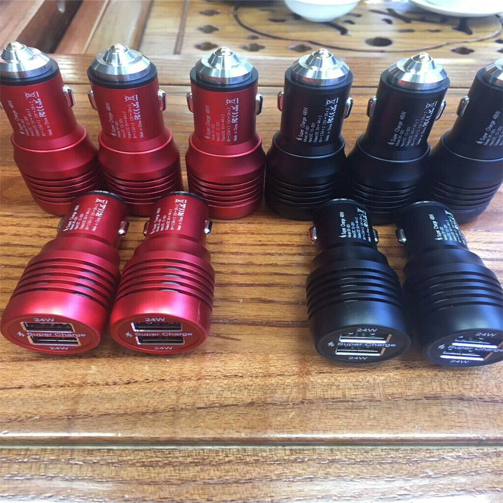 Car Charger, Dual USB Port Cigarette Lighter Adapter Safety Hammer Red