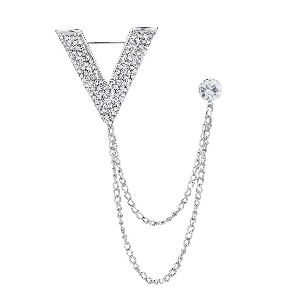 2x Crystal V Brooch Chain Collar Lapel Pin Wedding Party Tuxedo Shirt Stud