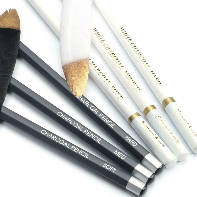 6 Pcs Professional Charcoal Pencils Set 3Pcs White 3Pcs Black Soft/Medium/Hard