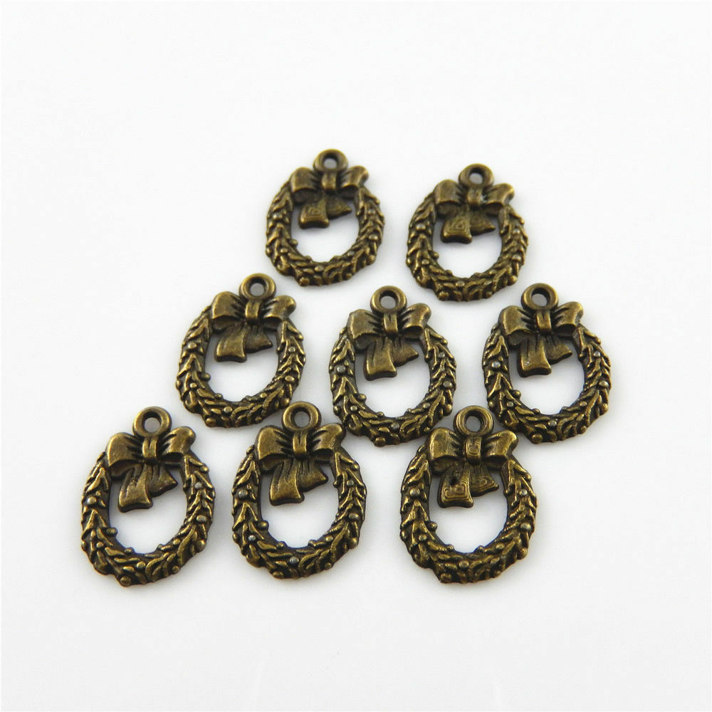 100 Retro Bronze Christmas Wreath Charm Alloy Pendant Xmas Craft Jewelry 14*12mm