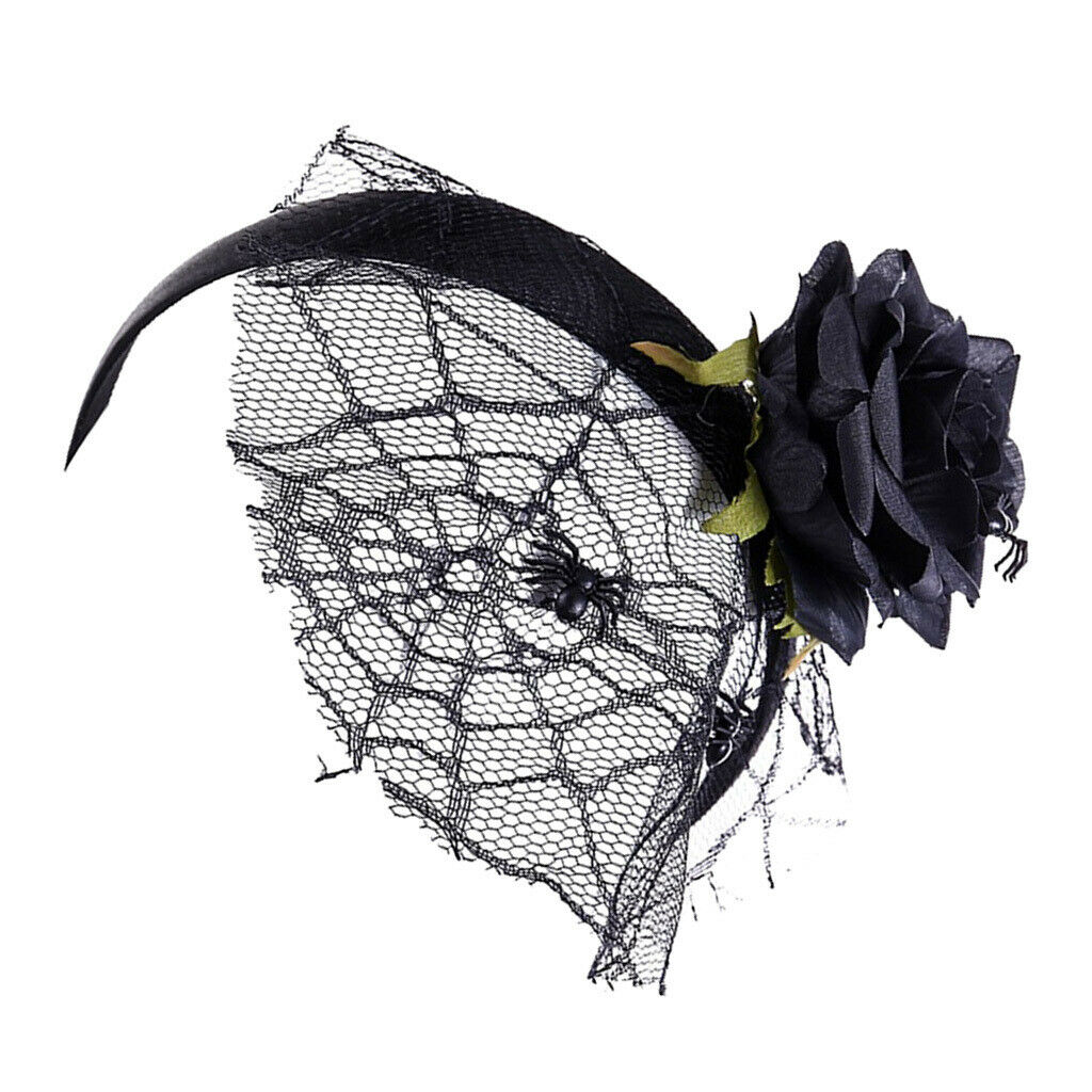 Black Flower Headband Veil Spider Headpiece Hair Band Masquerade Fancy Dress