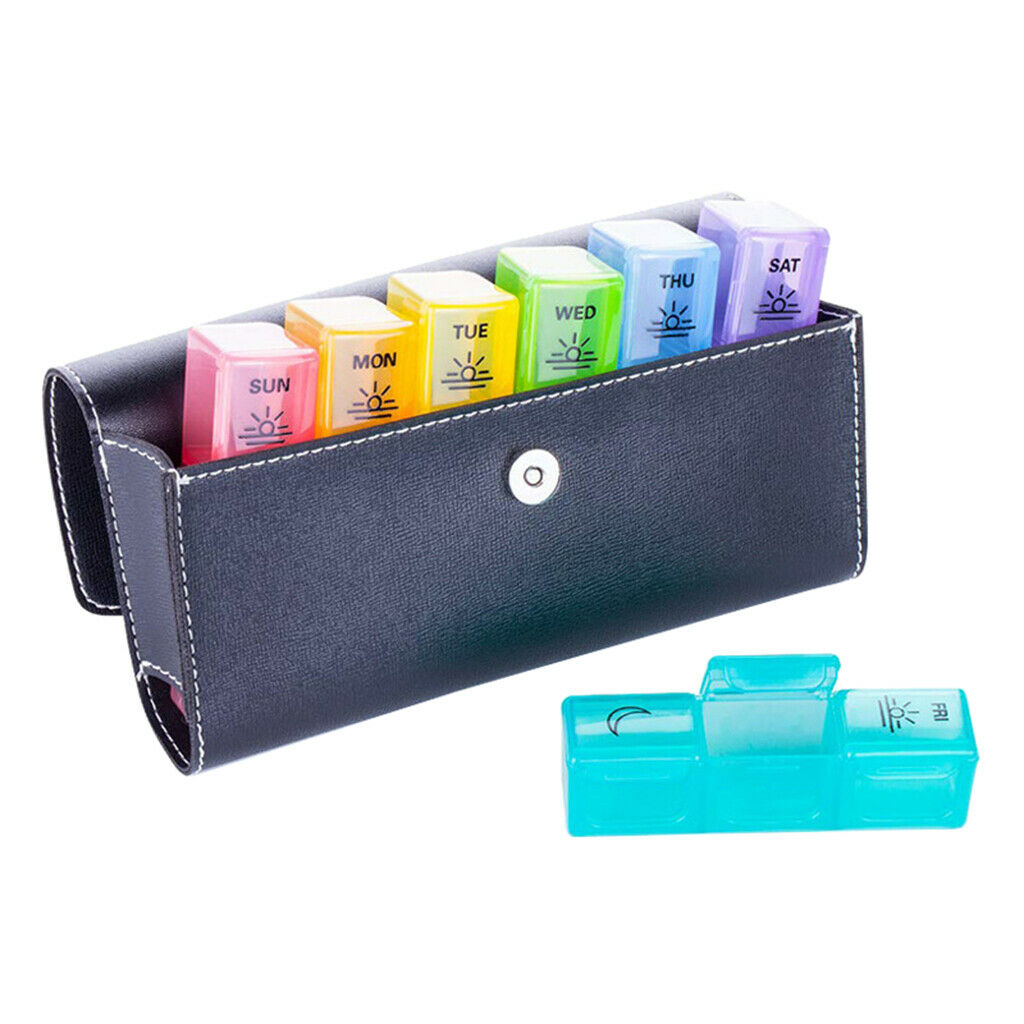 7 Day Pill Dispenser Organizer Travel Fish Oil Box with PU Leather Bag