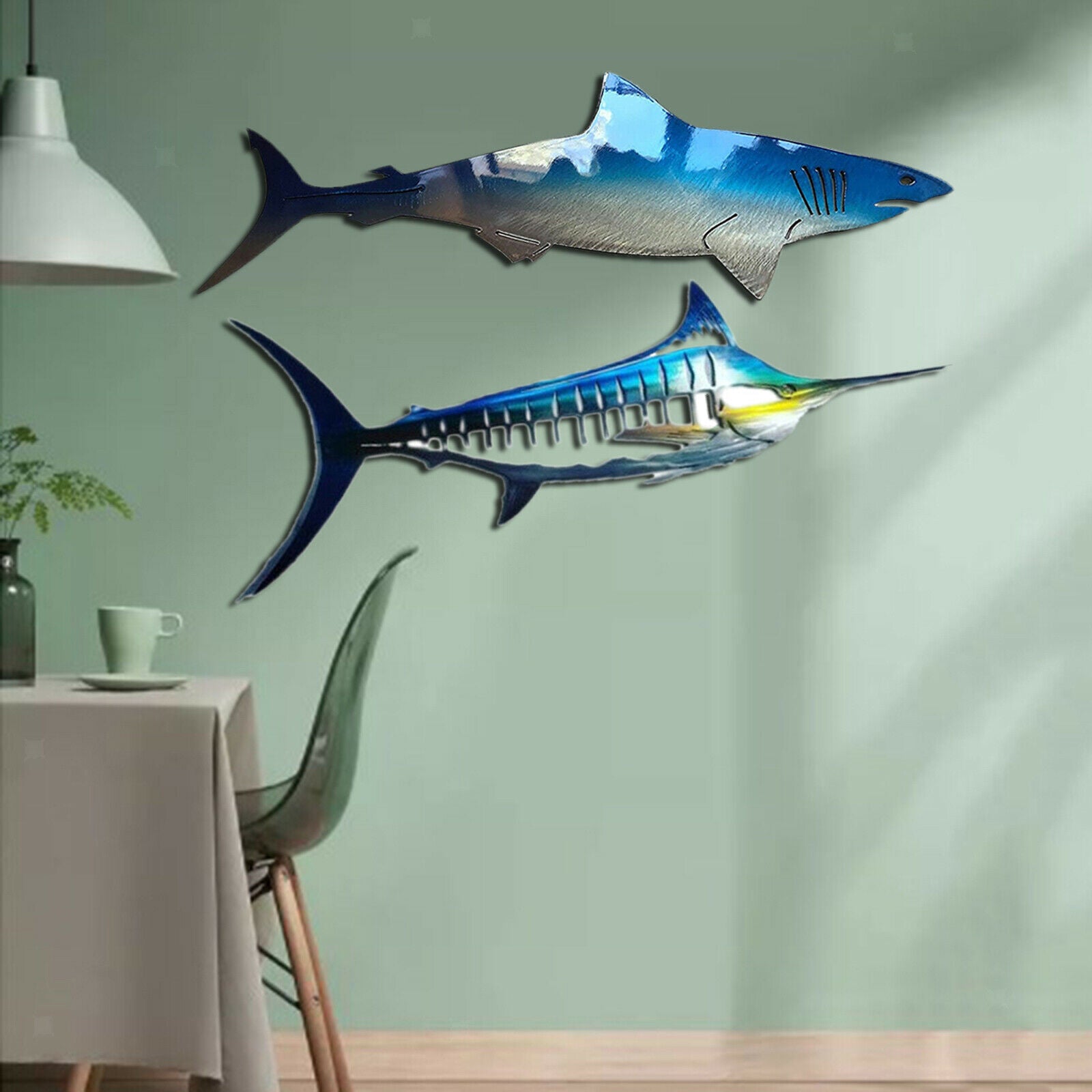 2x Metal Shark Wall Art Decor Art Ocean Fish Hanging Sculpture Garden Patio