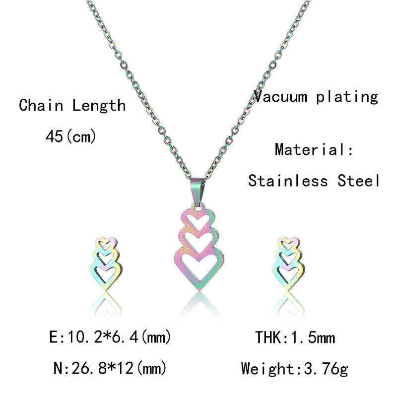 Three Heart Jewelry Set Stainless Steel Love Rainbow Pendant Necklace Earrings