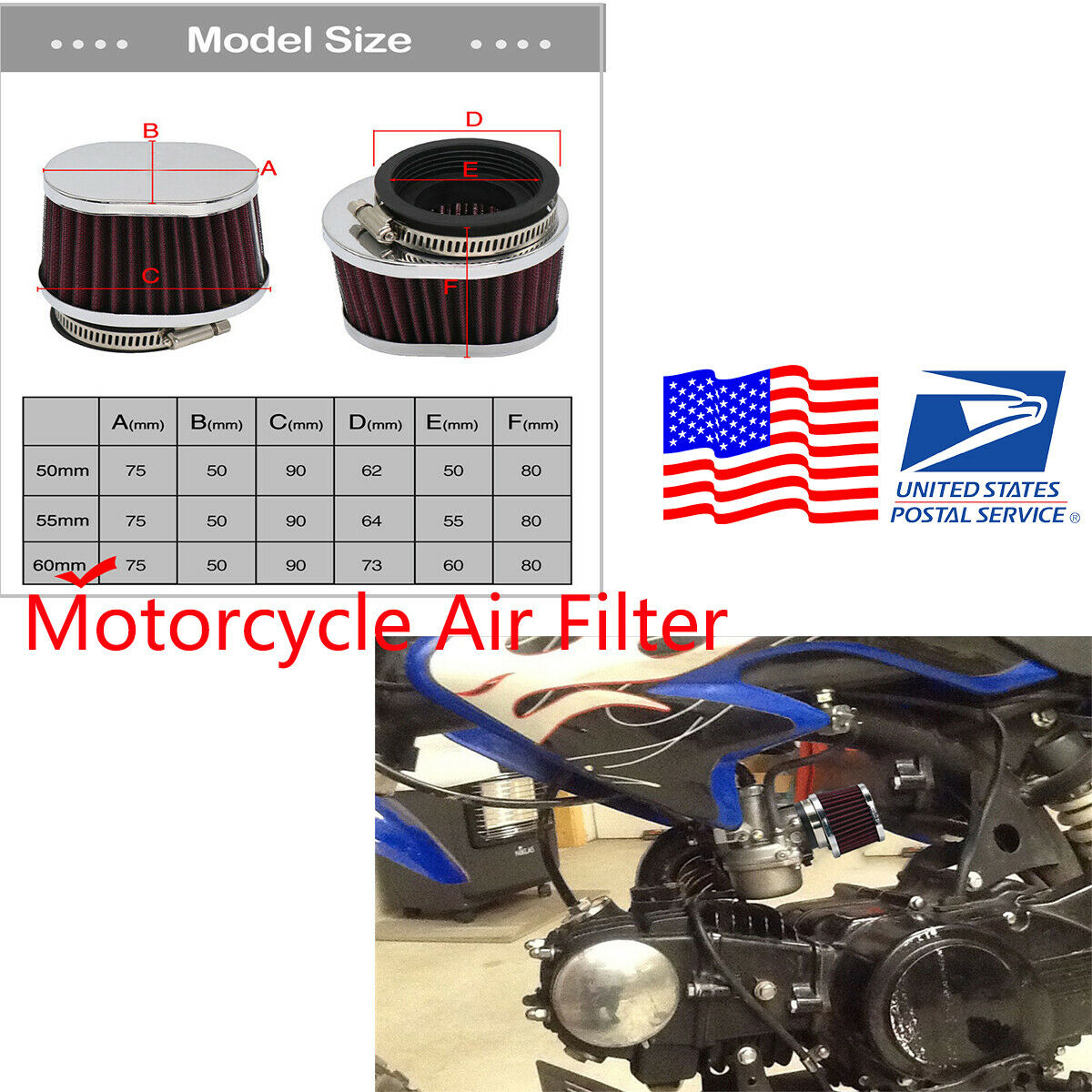 Universal For off-road Motorcycle Scooters 60mm High Flow Air Filter Red x2