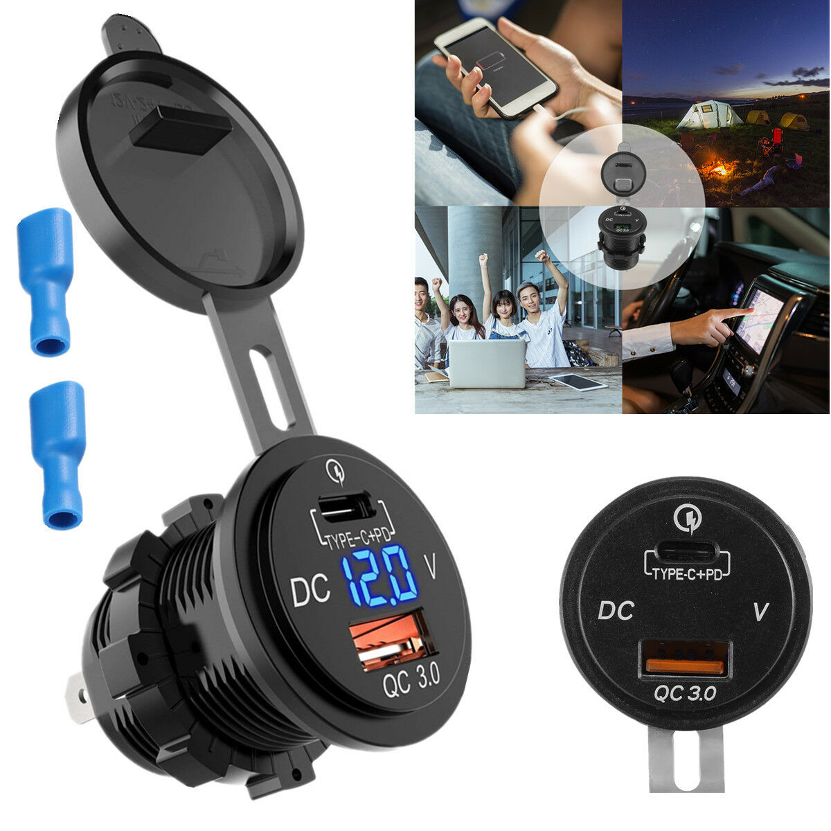 Type-C+PD &QC 3.0 Dual USB Ports Charger w/ Blue LED Voltmeter Smart Technology