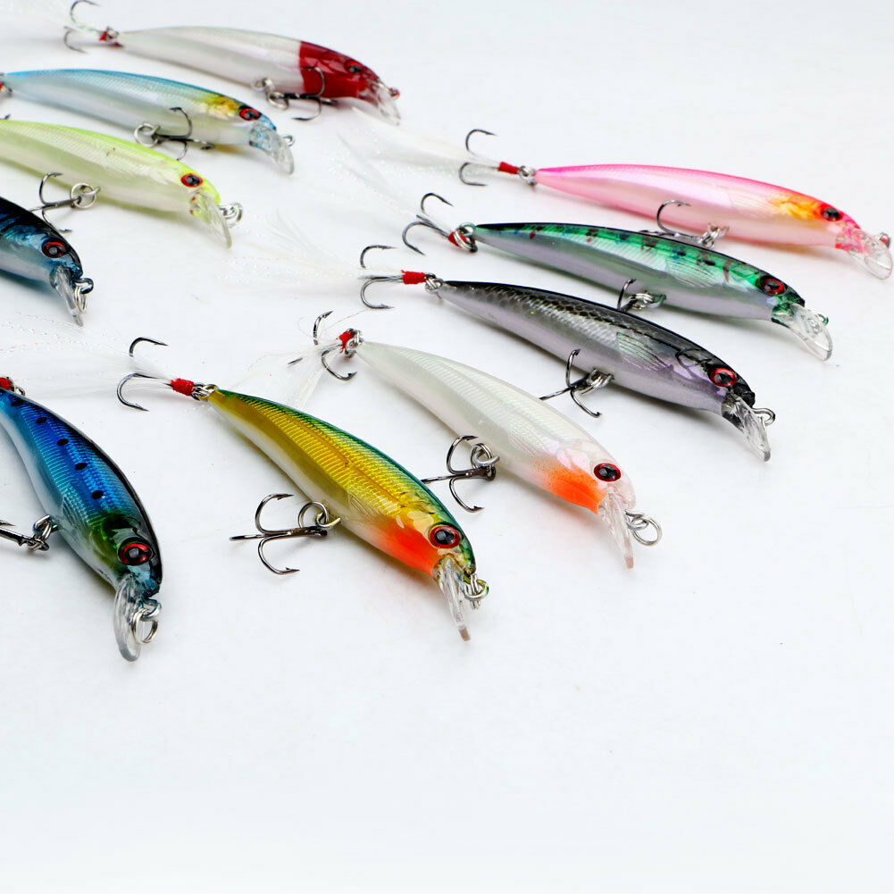 10PCS Minnow Fishing Lure Bait Bass Crank Feather Hook Popper Fishing Tackle