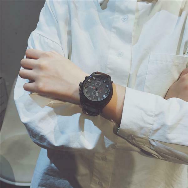 Mens Outdoor Waterproof Calendar Watch Quartz Leather Wristwatch Black
