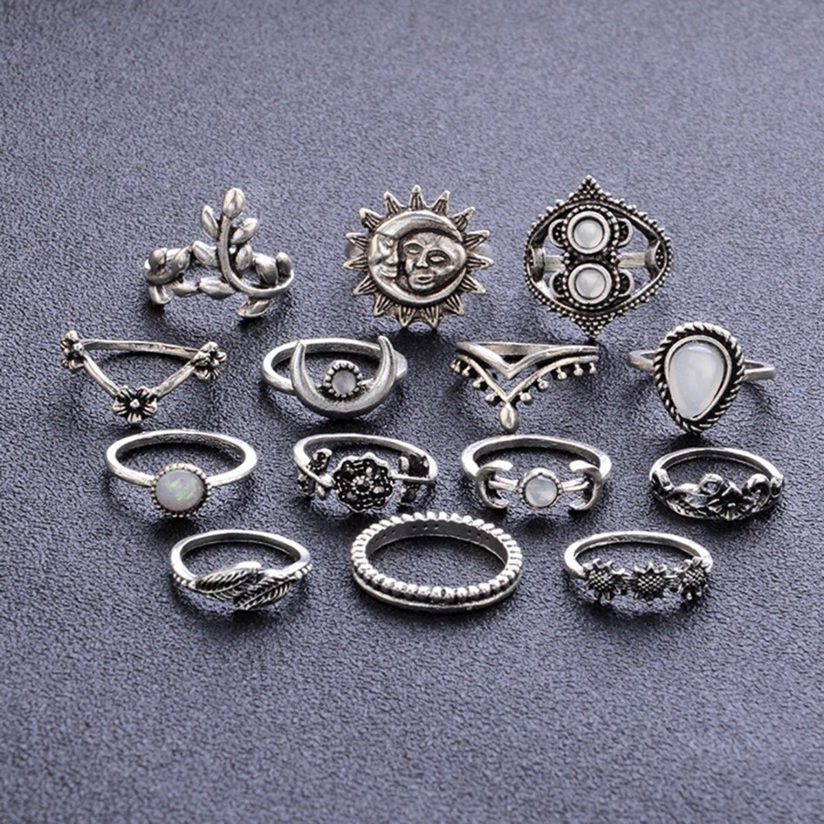 14 Pcs/set Boho Moon&Sun Knuckle Opal Rings Set Leaf Flower Midi Rings Jewelry