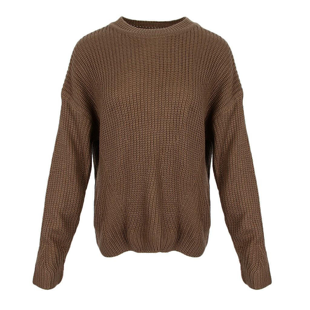 Womens Lace up Back Long Sleeve Crew Neck Knitted Sweater Loose Pullover L