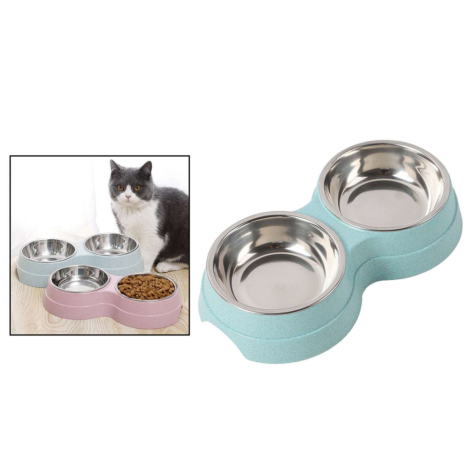 Stainless Steel Double Twin Pet Cat Bowl Water Food Easy To Clean Blue