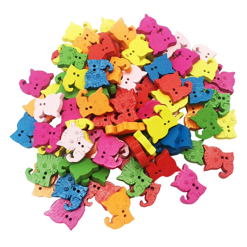 100Pcs Novelty Baby Buttons Cats Decorative Buttons Wooden for Knitting 15mm