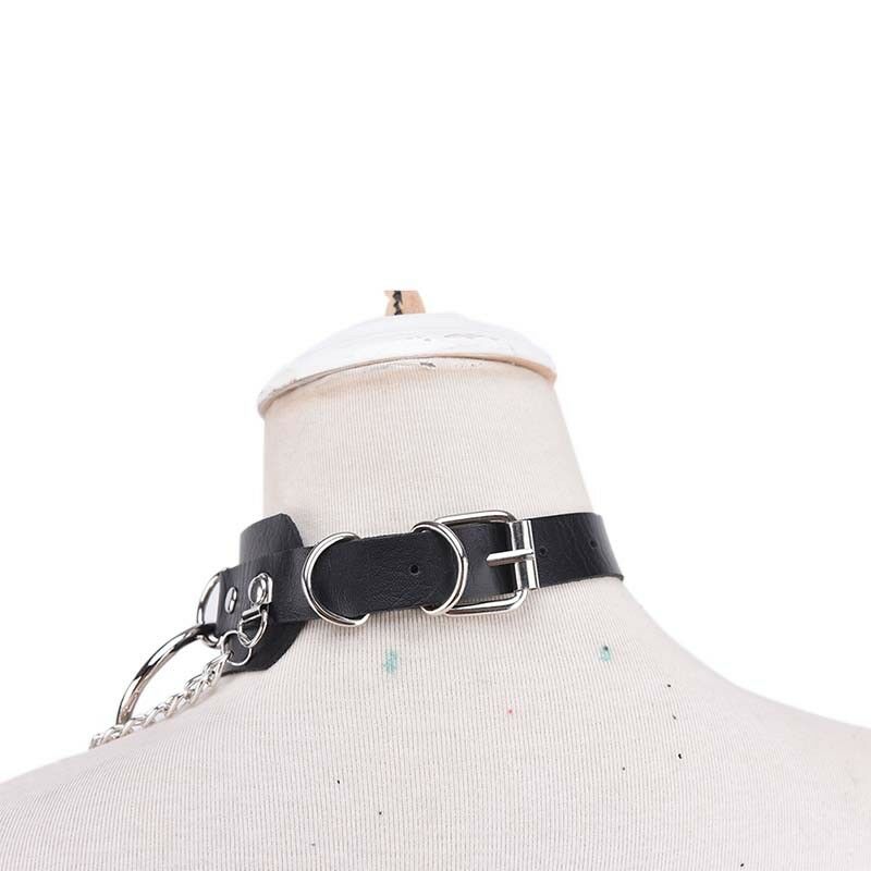 Black Leather Choker Metal Ring Chain Necklace Collar Handmade Goth Punky3BDAU