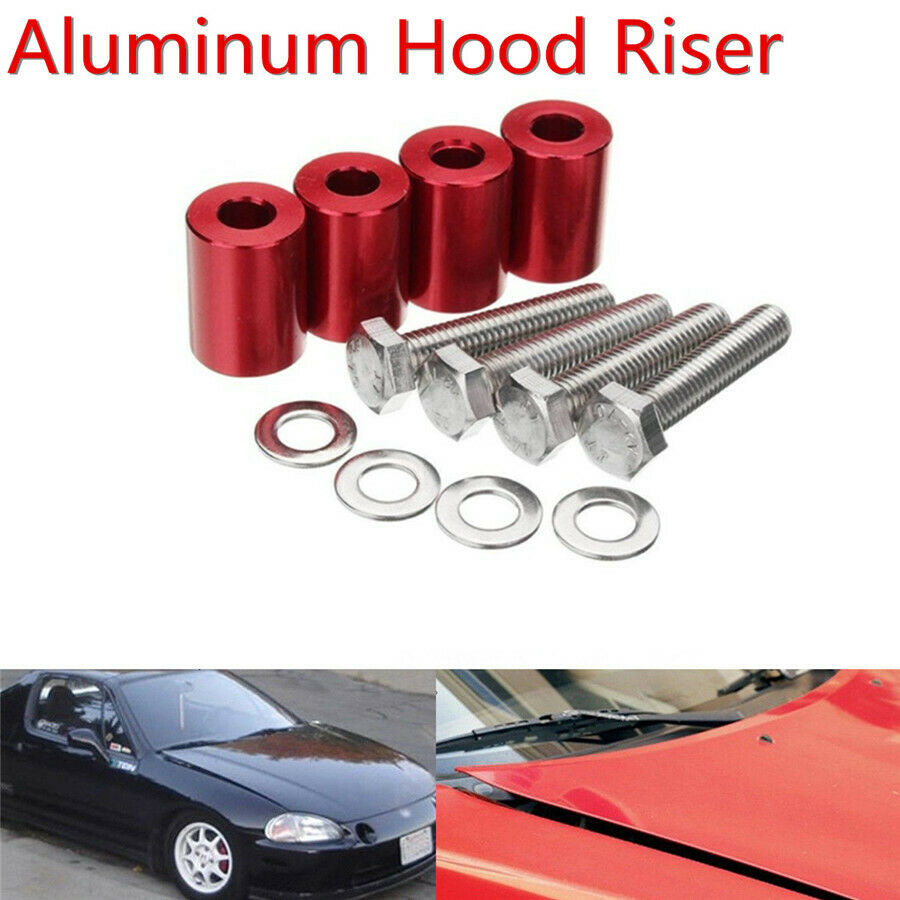 Strong &Durable Red Aluminum 4x Car Hood Heighten Spacers with 4x Mounting Bolts