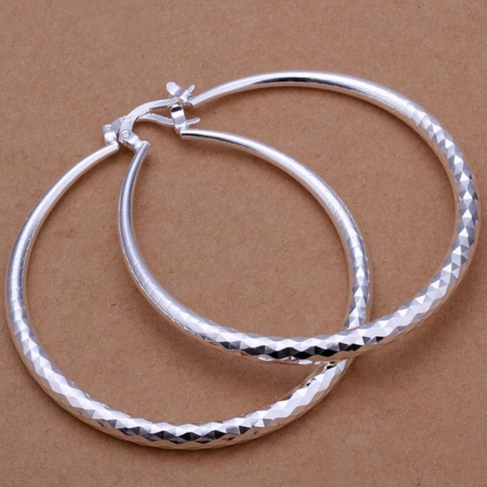 Womens 925 platedSilver 2” Large Round Diamond-Cut Hoop Earrings 50mm E18