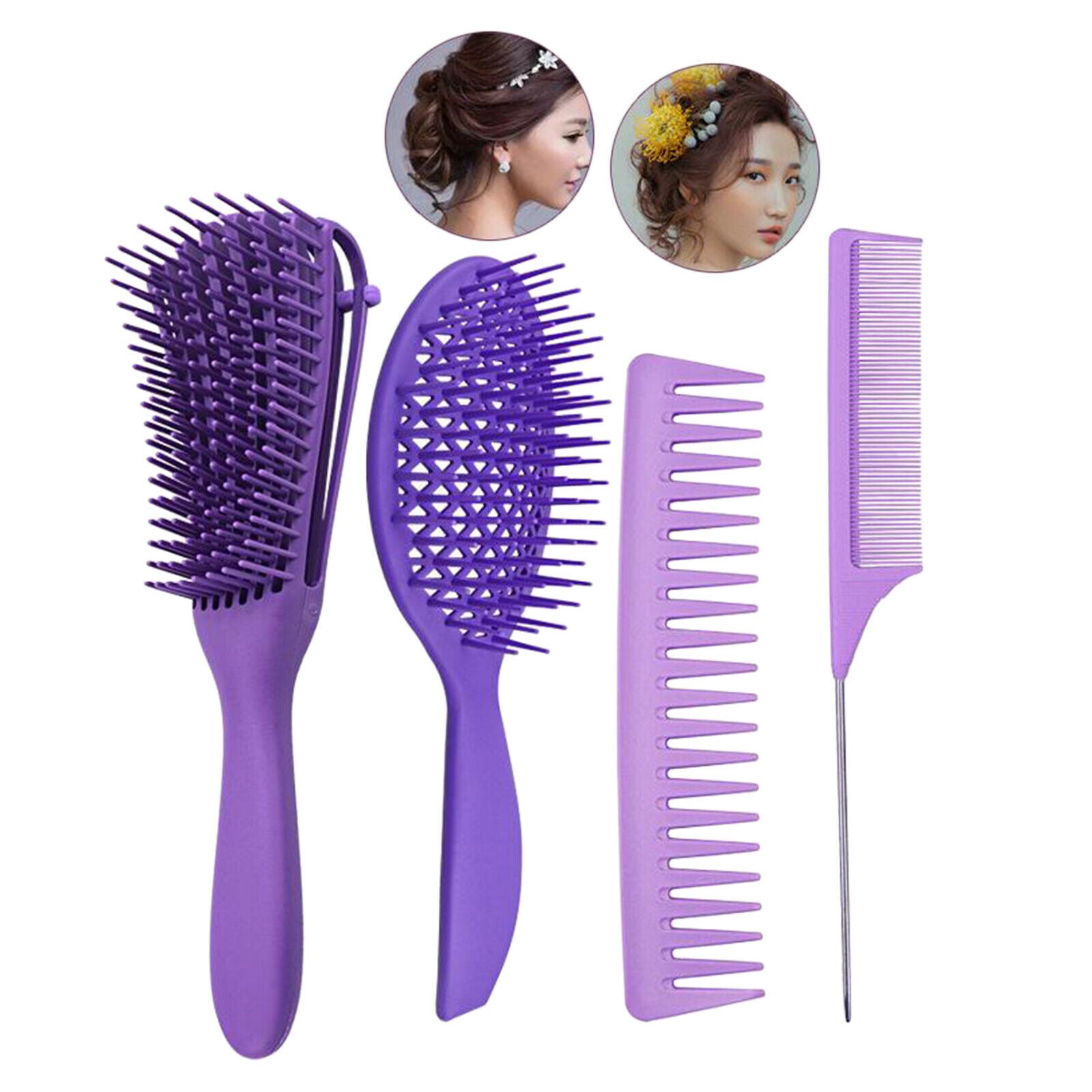 4x Salon Hair Styling Plastic Barbers Brush Combs Set for Long Hair Purple