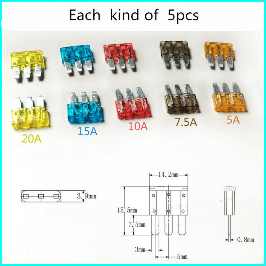 25Pcs Micro3 Fuse 3 Pins PEC Automotive Car Fuse 5A 7.5A 10A 15A 20A Universal