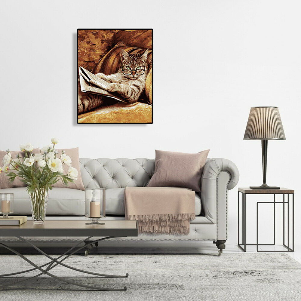 Glasses Cat DIY Oil Painting By Numbers Coloring Drawing Modern Art Picture @