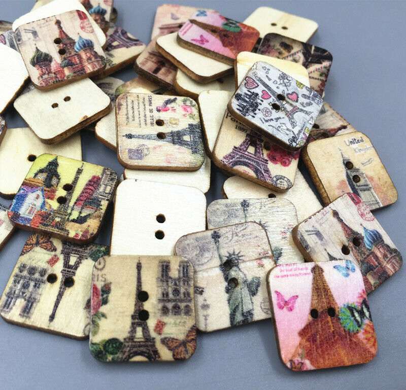50X Wooden Square Eiffel Tower pattern Buttons 2-holes sewing scrapbooking 20mm