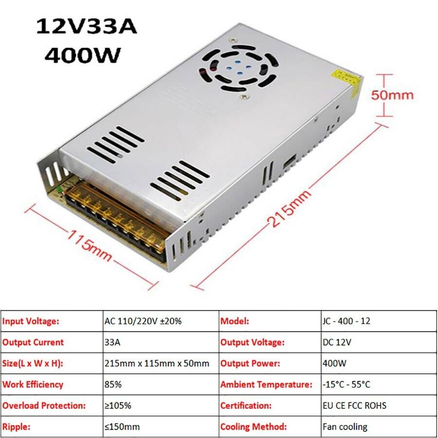 12V 33A 400W DC Regulated Switching Power Supply Transformer LED Built-in Fan
