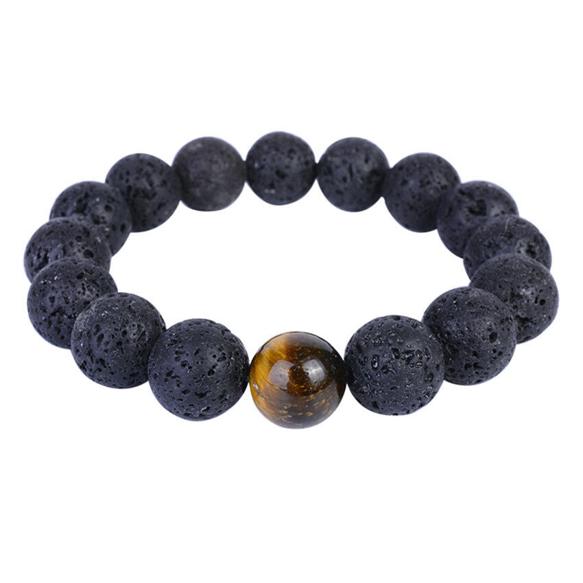 Men's Lava&Tiger Eye Stone Beads Ball Beaded Bracelet Gift Jewelry 12m