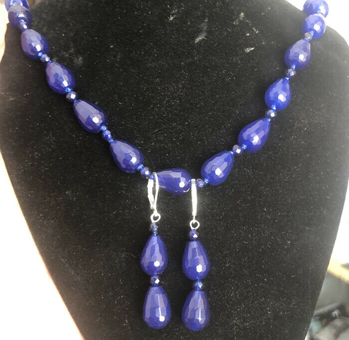 New10x14mm Water Drop Faceted Blue Sapphire Beaded Necklace and Earring Set A+