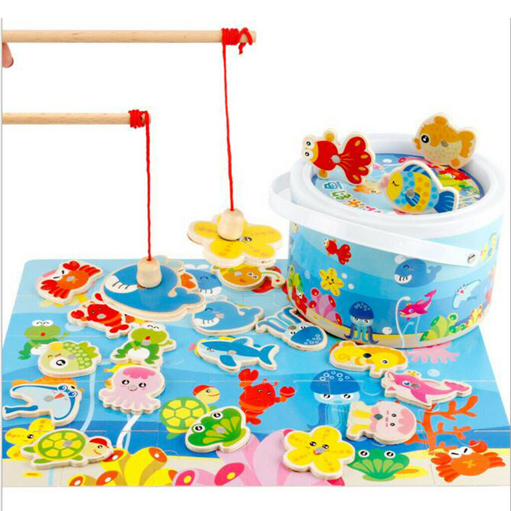 Toddler Wooden Magnetic Fishing Pole Set Game Go   Ocean Animals