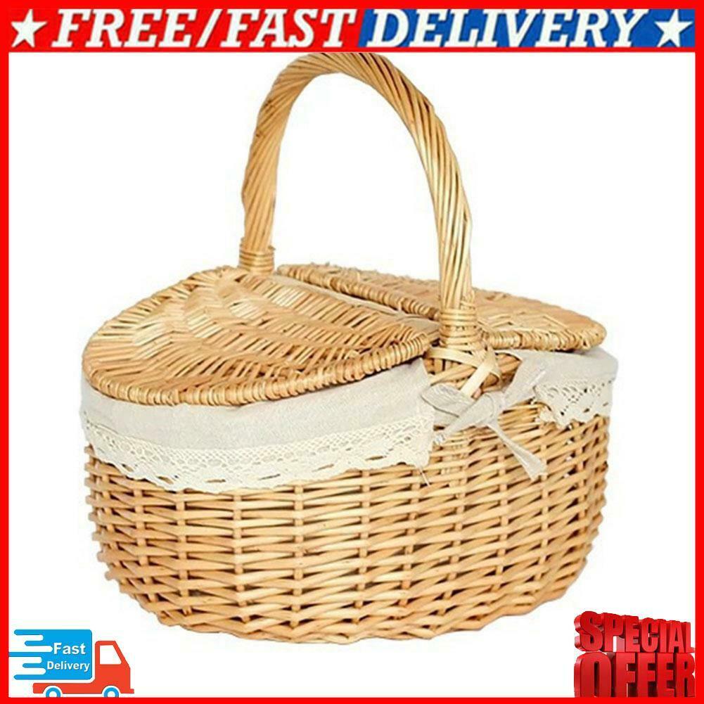 Handmade Large Wicker Basket W/ Handle Double-Lid Willow Woven Storage Hamper
