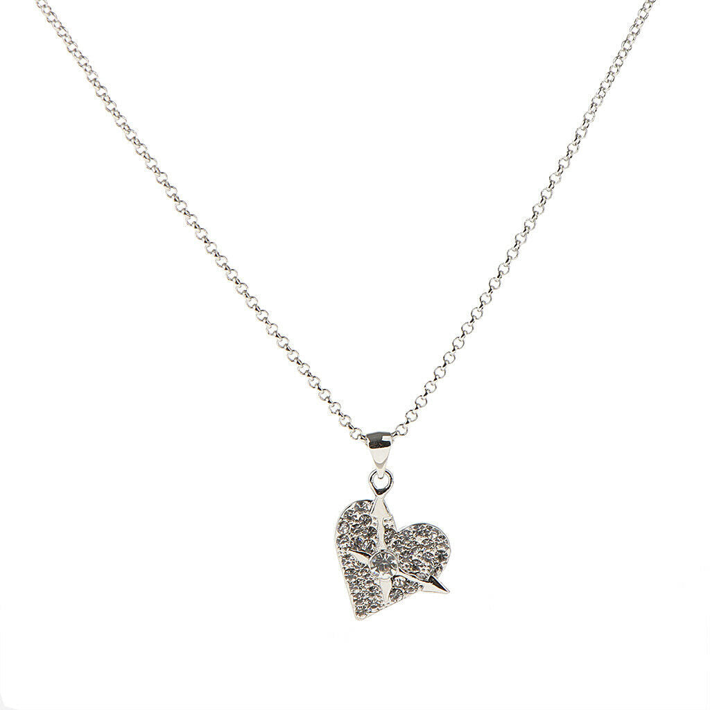 Full Rhinestone Paved Love Heart Double Arrow Pendant Chain Choker Necklace