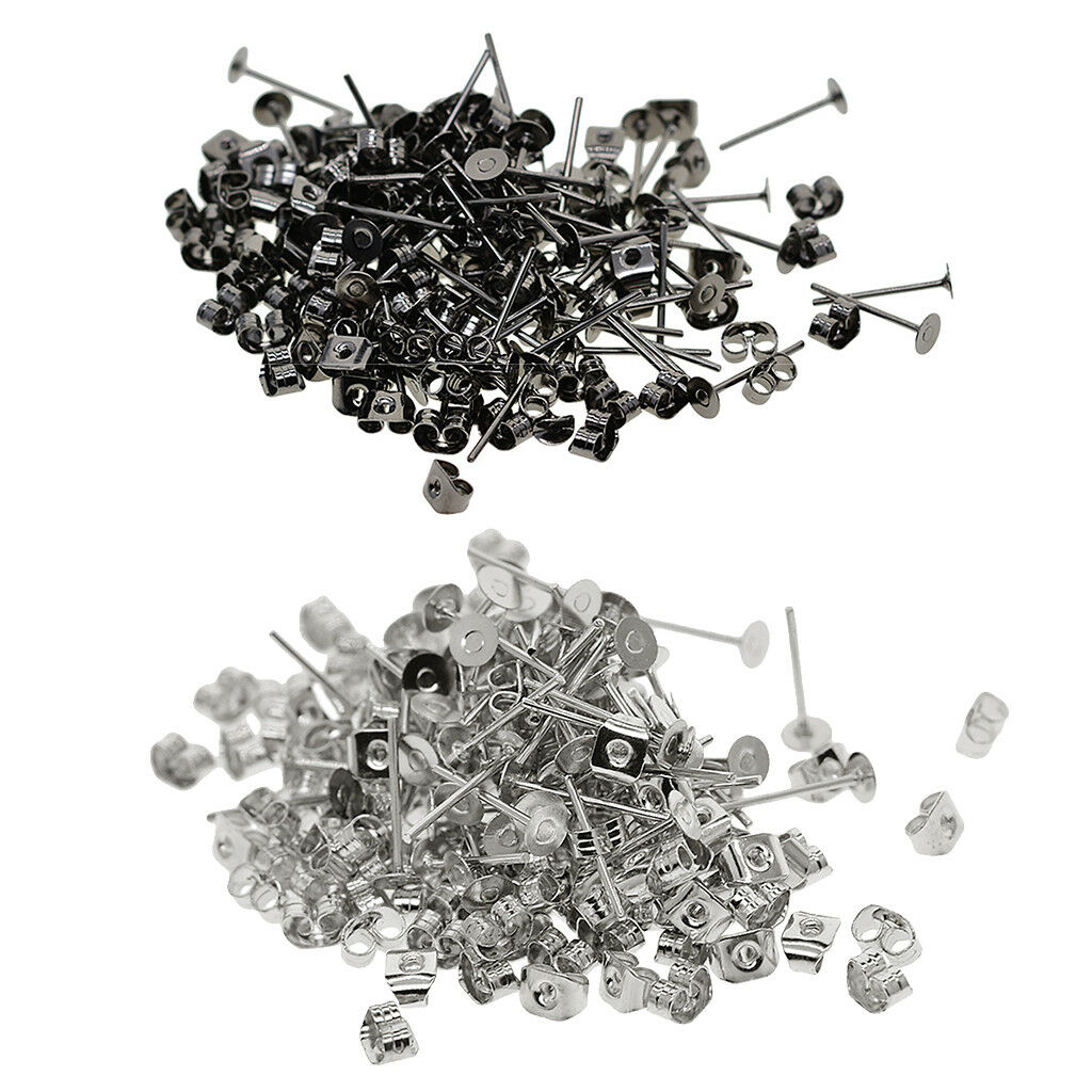 400 Pack 4mm Blank Flat Pad Base Earring Posts with Back DIY Making Findings