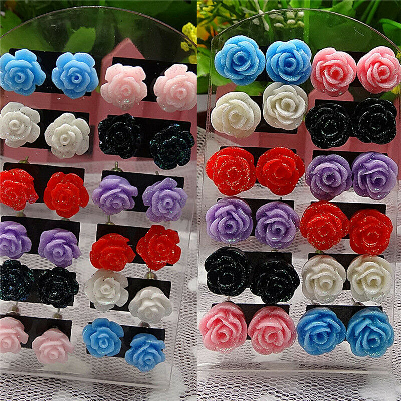 12 Pairs Rose Stud Earrings Mixed Color Flower Earrings Wholesale Jewelry .l8