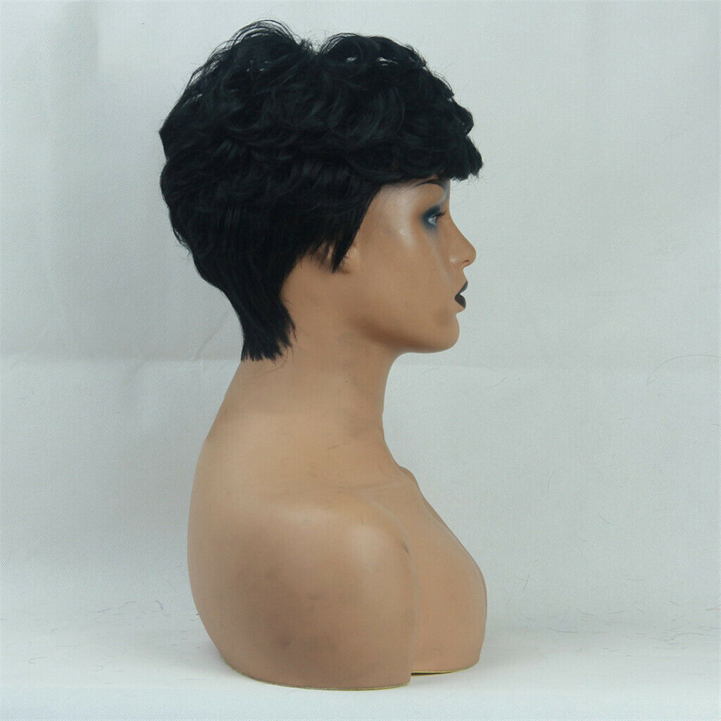 8'' Short Curly   Women Human Hair Wig Side Part Pixie Cut Black Wigs