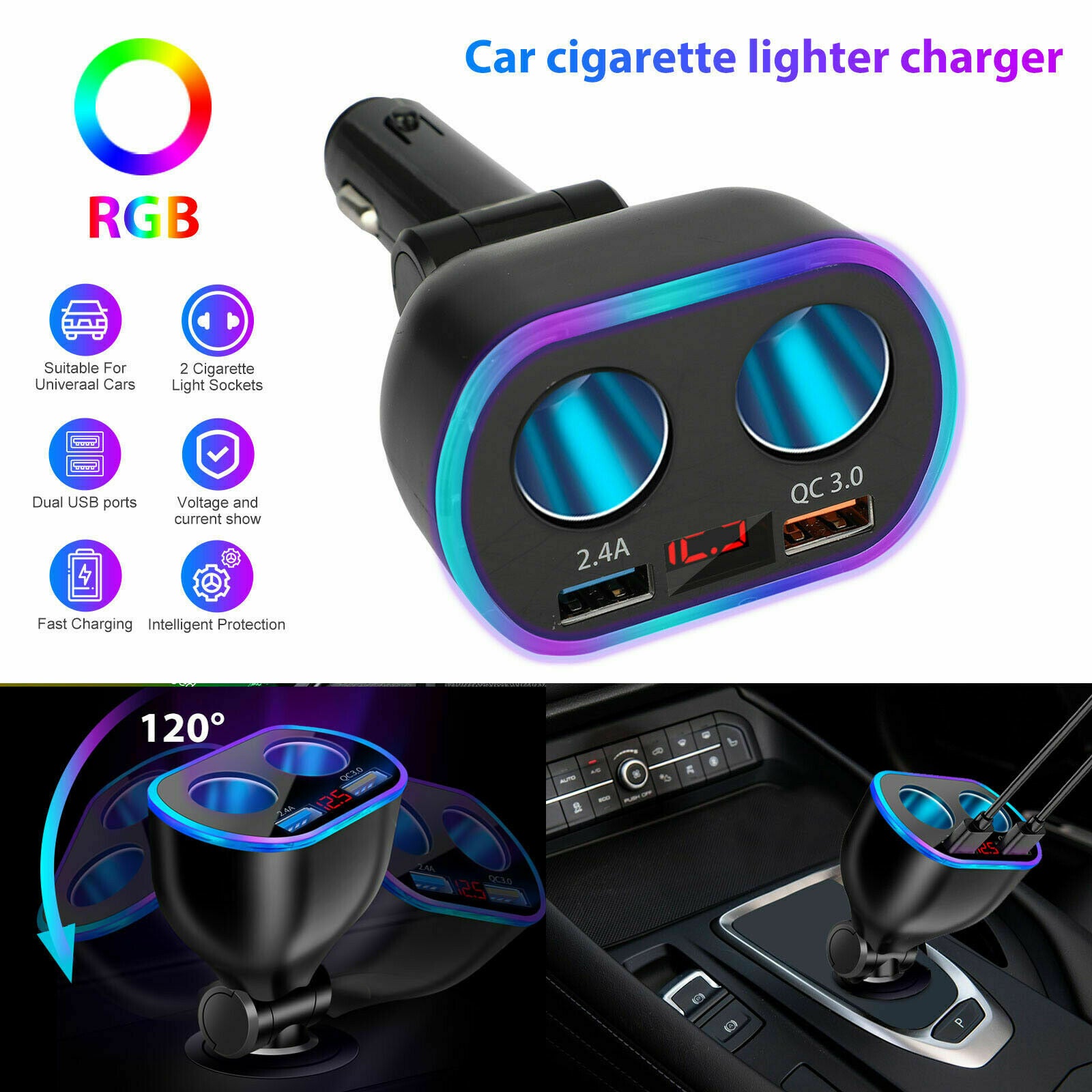 2 Way Car LED Lighter Socket Splitter Dual USB Charger Power Adapter LED