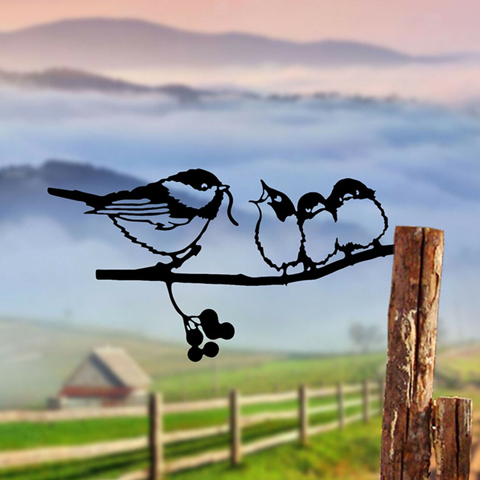 Rusty Metal Animals Bird Silhouette on Tree Branch Art Garden Decoration