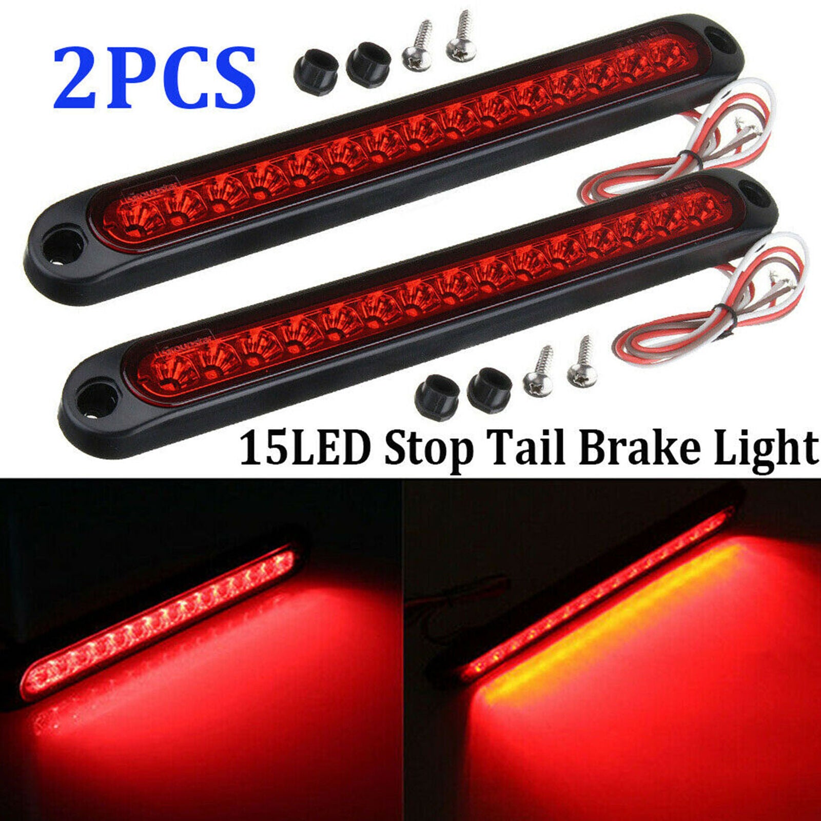 2PCS 25CM 15 LED Red Sealed Trailer Truck RV Stop Tail Rear Brake Turn Light Bar