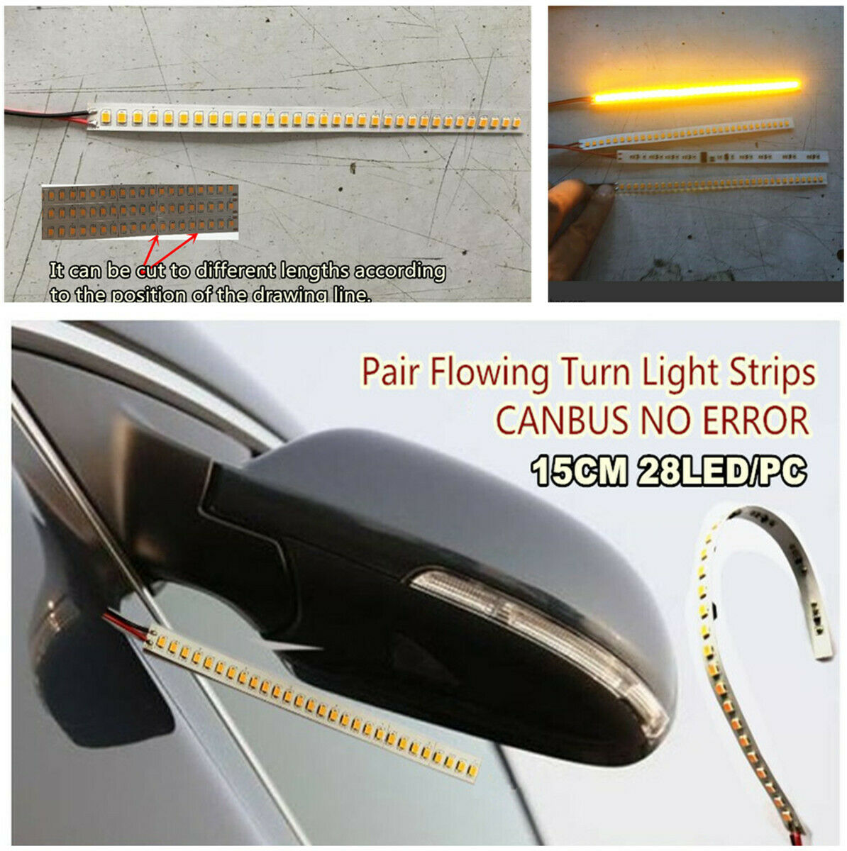 1 Pair 28LED 15CM Car Rear Mirrors Flexible Soft Flowing Turn Signal Light Strip