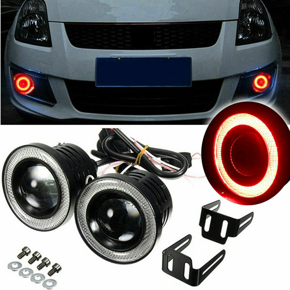 2 Pcs 3.0" High Power Car Projector LED Fog Light w/ Red COB Halo Angel Eye Ring