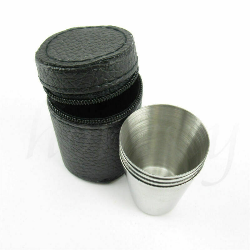 8X Portable Stainless Steel Shot Glass Cup Drinking Mug+2X PU Leather Cover Case