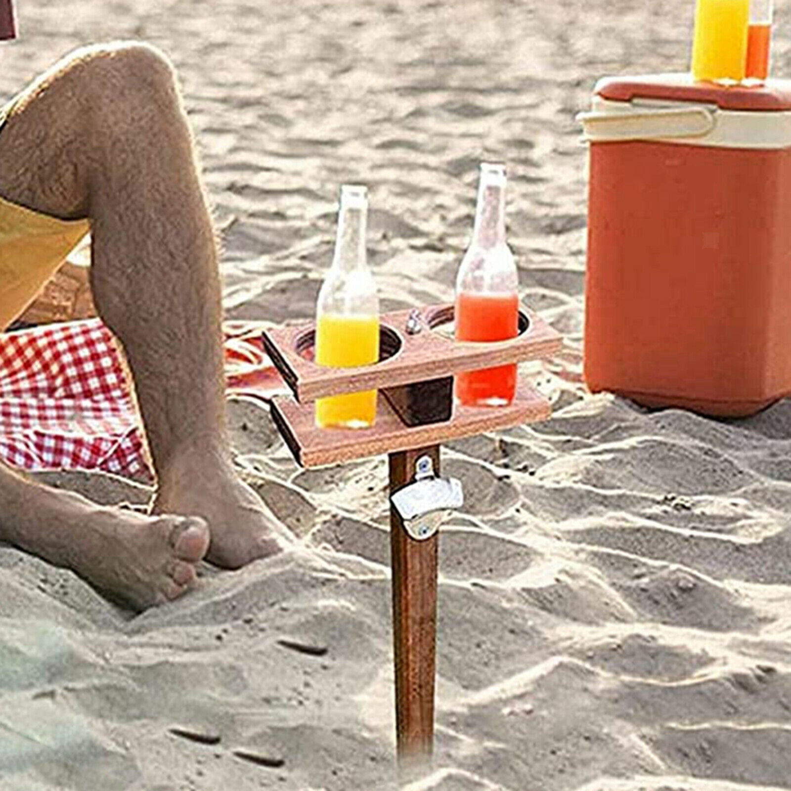 Wood Wine Table Compact BBQ Beach Camping Beer Cups Holder Lawn Support Rack