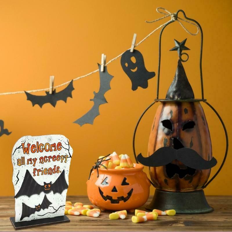 Creepy Friends Tombstone Wooden Sign Cartoon Bat Halloween Table Topper Decor